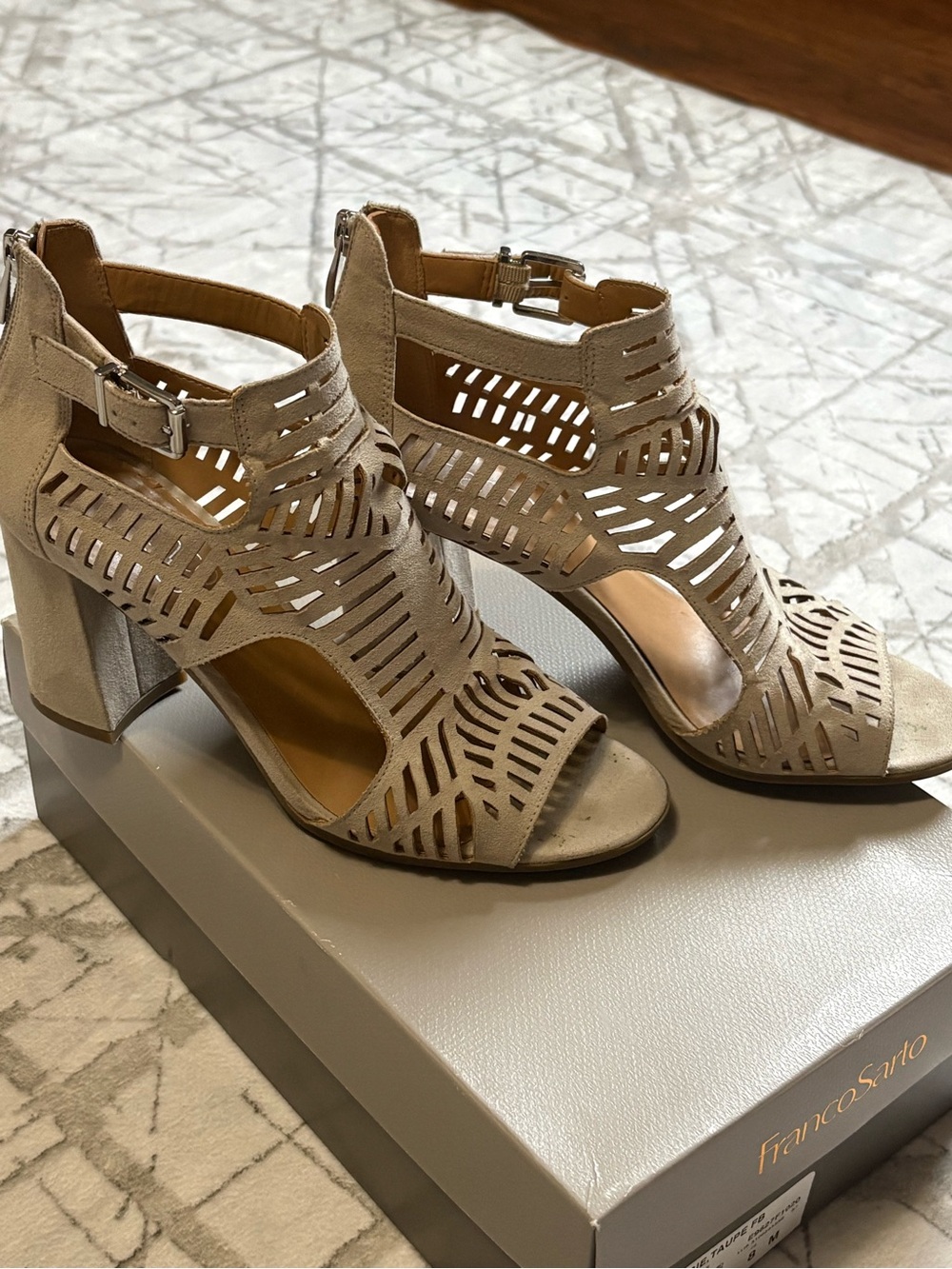 Franco Sarto Laser-Cut Block Heel Margie Sandals. Size 8.